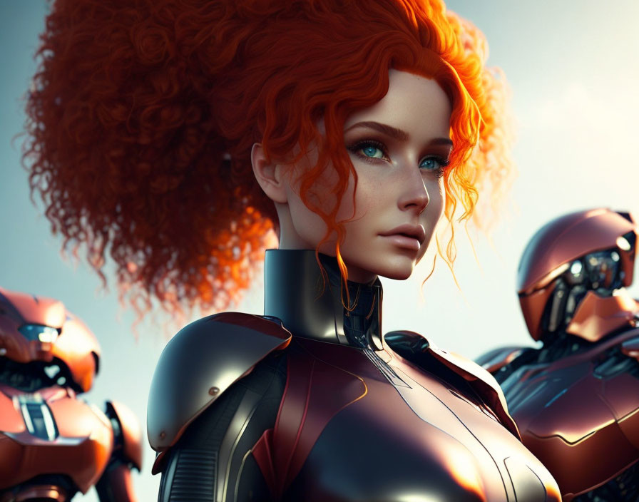 Striking 3D illustration of woman with red curly hair in futuristic suit