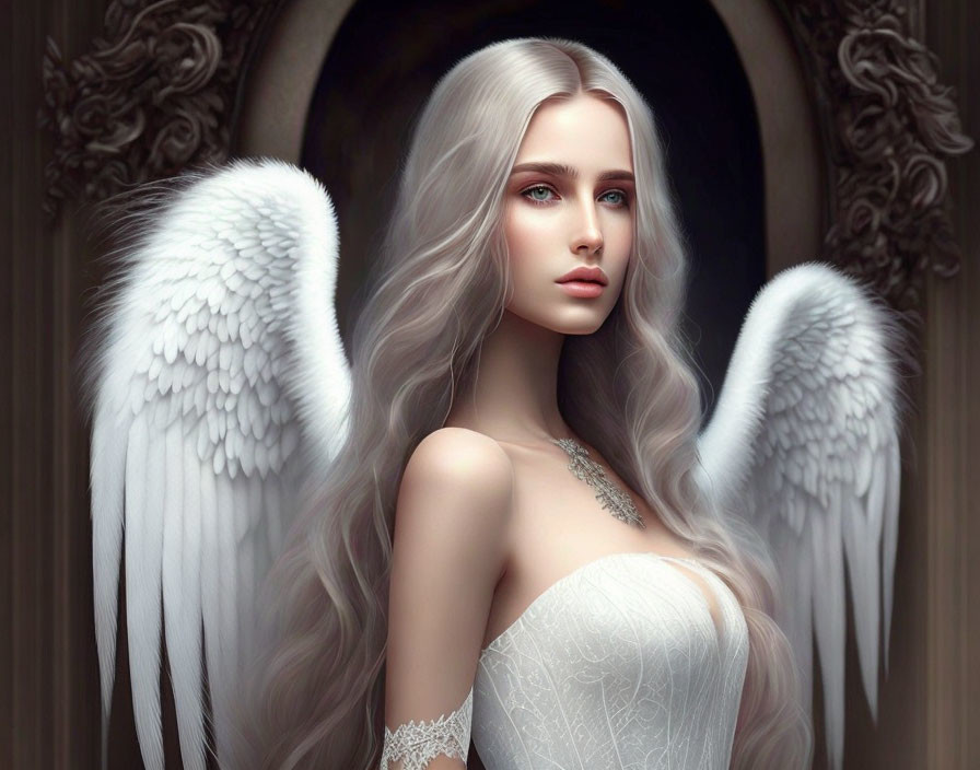 Digital Artwork: Woman with White Angel Wings and Silver Hair in White Dress