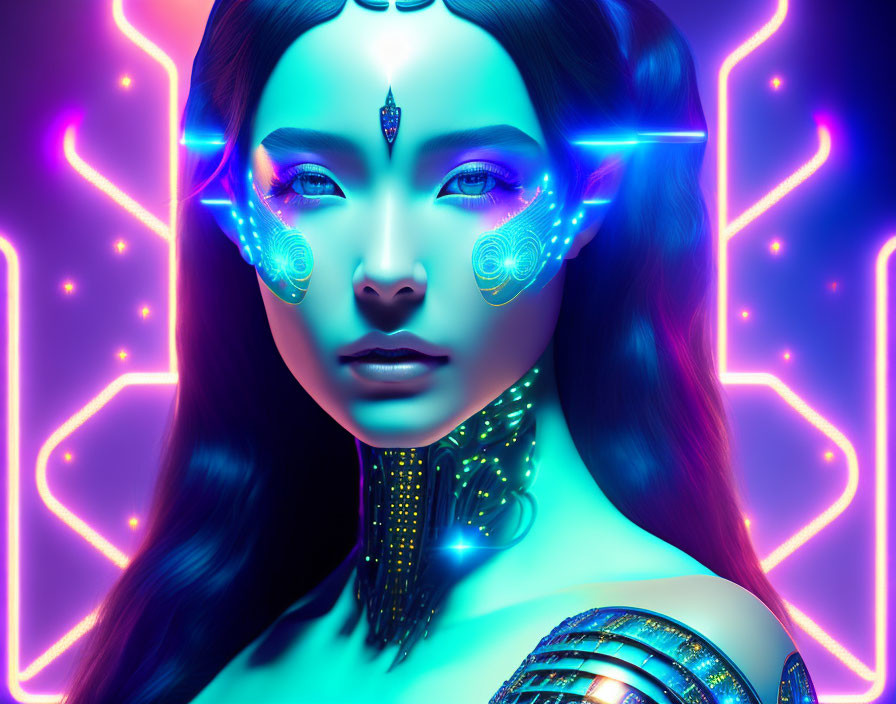 Futuristic female with neon cybernetic enhancements and glowing makeup