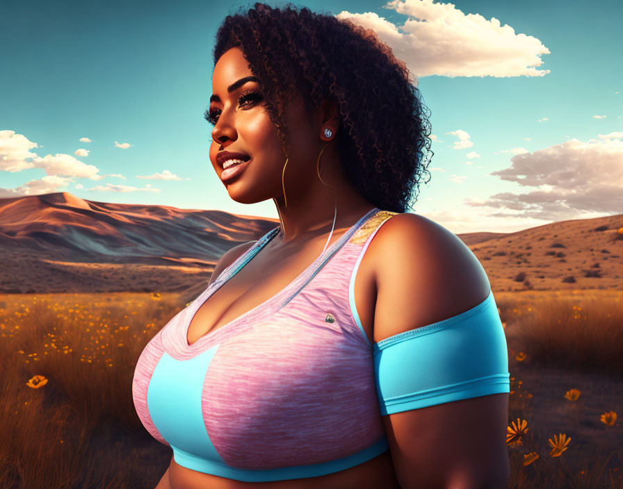 Curly-haired woman in sports bra among yellow flowers, hills, and blue sky.