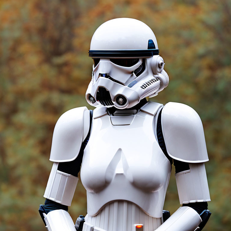 White Stormtrooper Costume Against Blurred Autumn Background