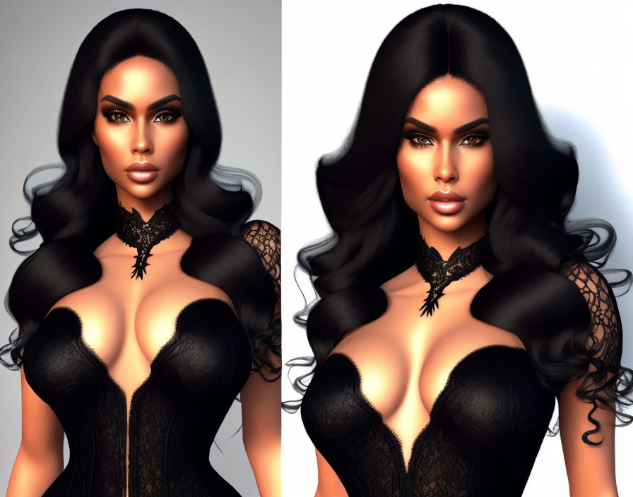 Digital art of woman with long black hair, striking makeup, and black lace outfit.