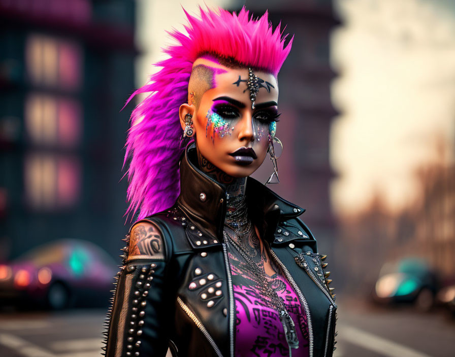 Vibrant pink and purple Mohawk with dramatic makeup, tattoos, studded leather jacket pose against