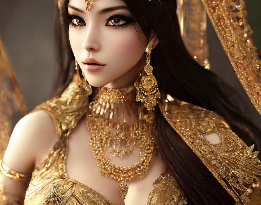 Detailed Golden Jewelry and Traditional Attire on Woman