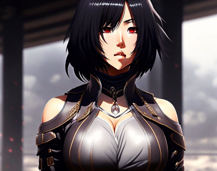 Short black hair, tear on cheek, metal armor vest, choker with pendant.