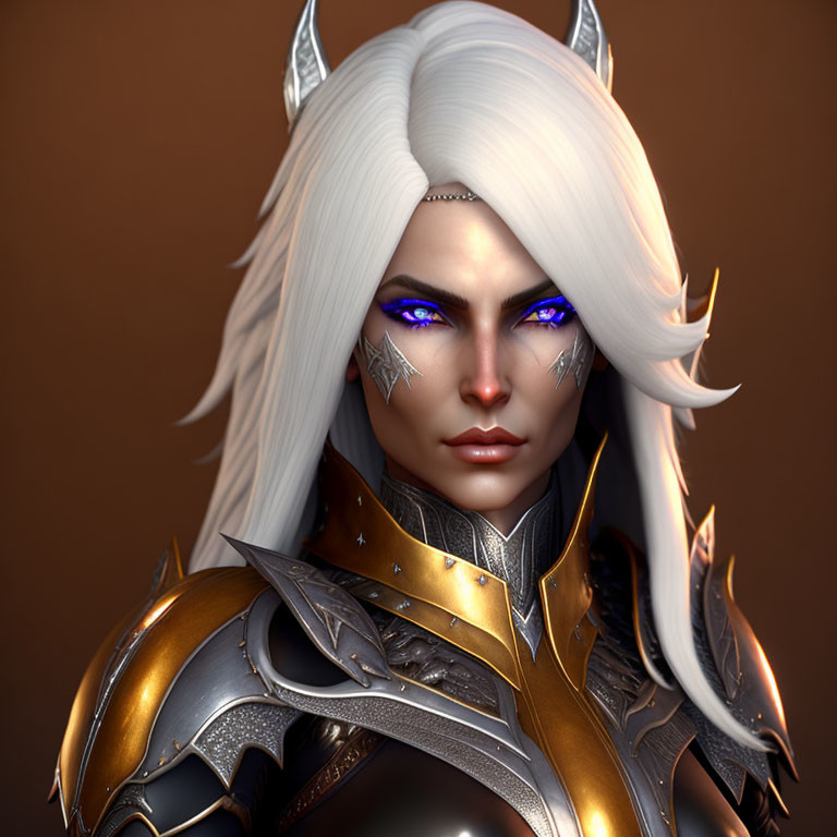 Fantasy character with white hair, pointed ears, blue eyes, silver facial markings, gold and silver