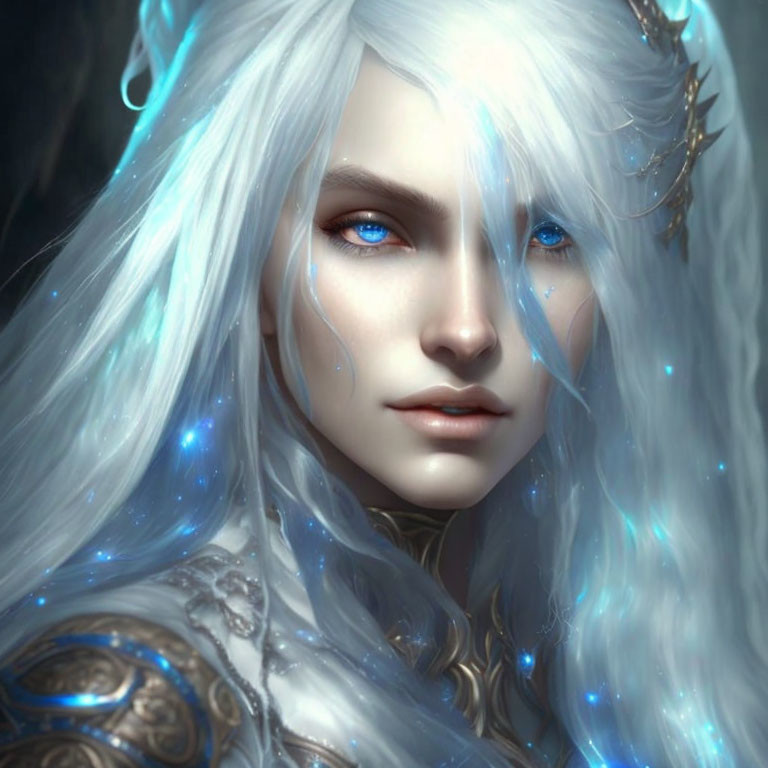 Ethereal figure with glowing blue eyes and golden tiara