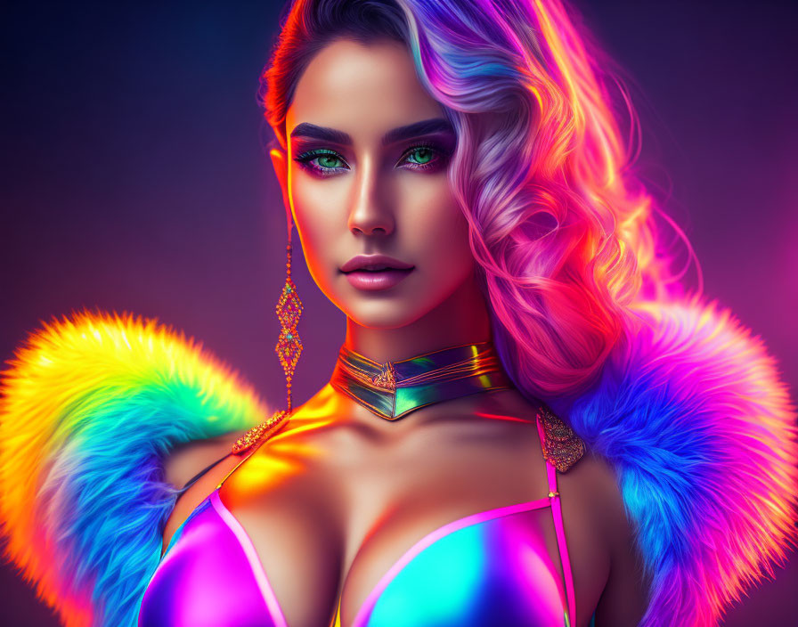 Multicolored Hair and Makeup Portrait in Metallic Outfit