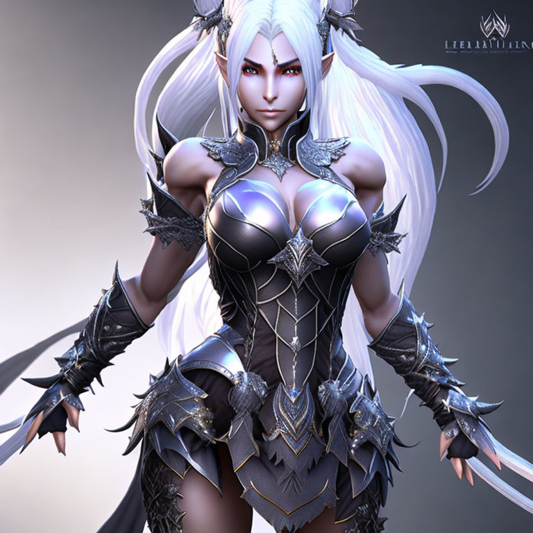 Fantasy female warrior with white hair, pointed ears, dark armor, dual swords