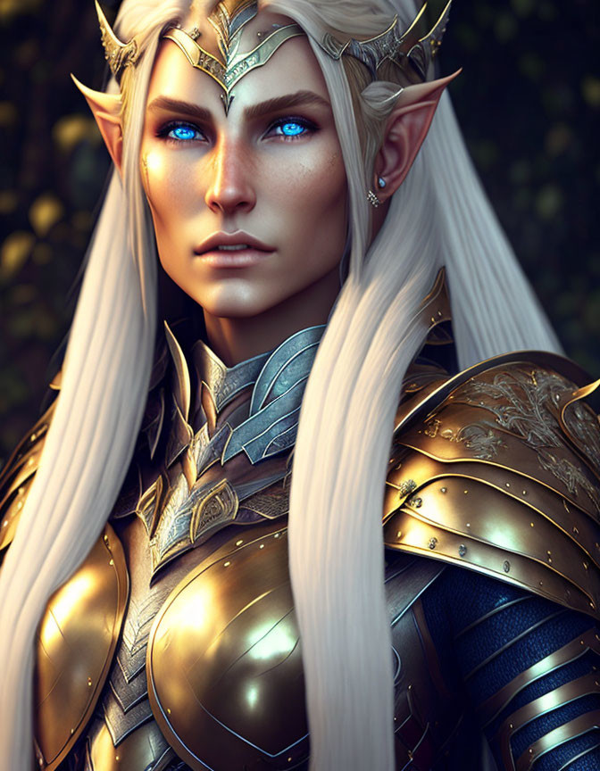 Blue-eyed elf in golden armor and crown on blurred leafy backdrop