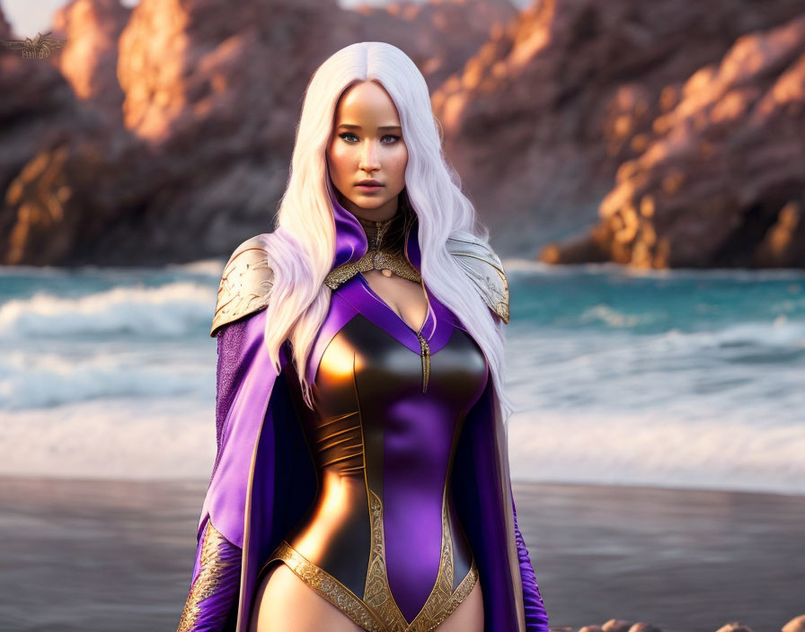 Fantasy character in gold-accented purple armor on rocky beach