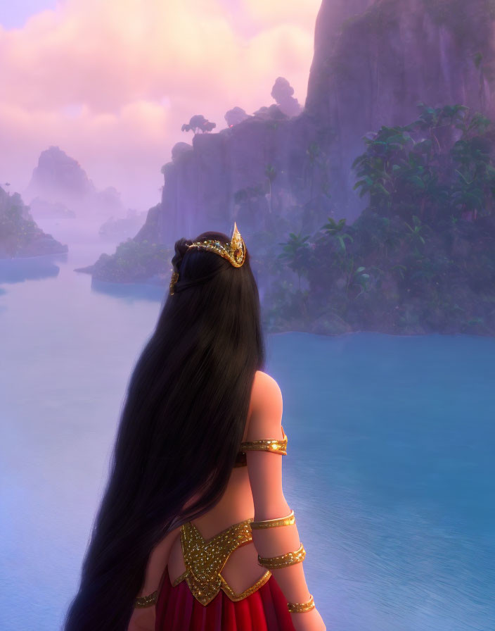 Woman with Long Black Hair and Golden Crown in Serene Landscape at Twilight