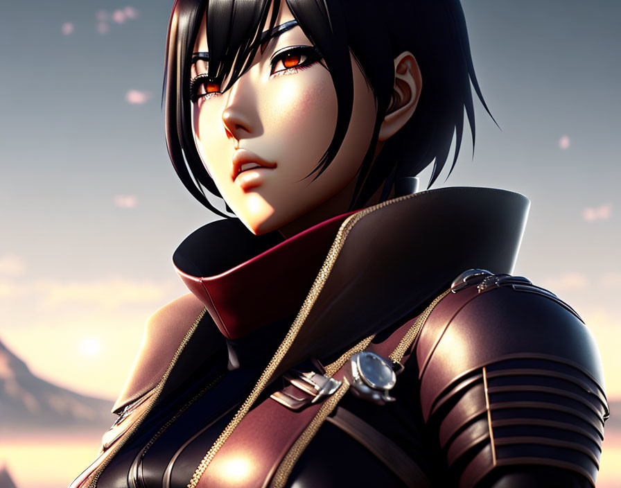 Female character in futuristic armor with short black hair in 3D illustration