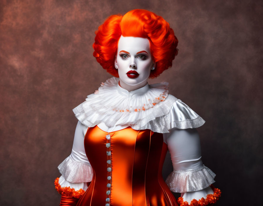 Vibrant orange costume with white collar and red hair on smoky background