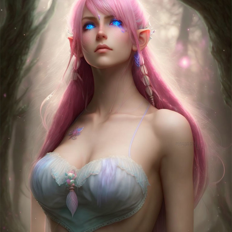 Fantasy elf with pink hair in mystical forest setting