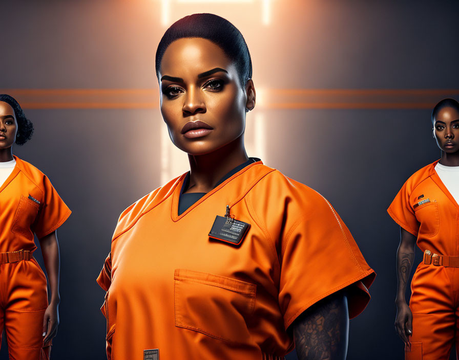 Three Women in Orange Prison Uniforms with Badges in Dramatic Setting