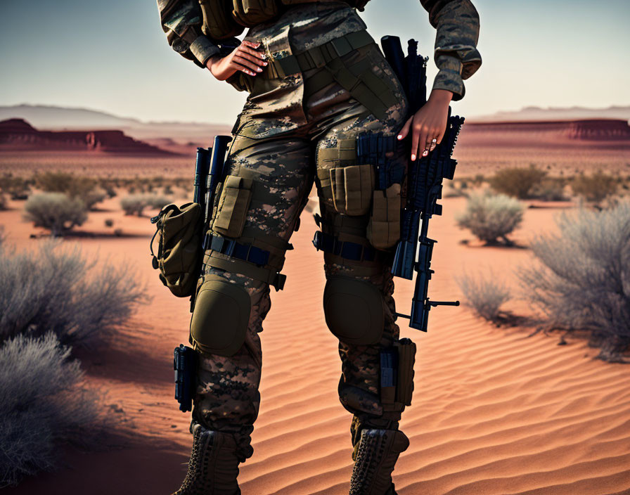 Military person with rifle in desert setting, showcasing tactical gear