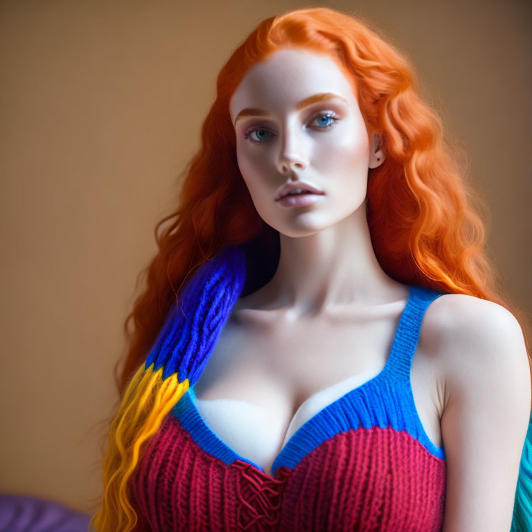 Vibrant red-haired woman in colorful knitted top with blue and yellow tassels