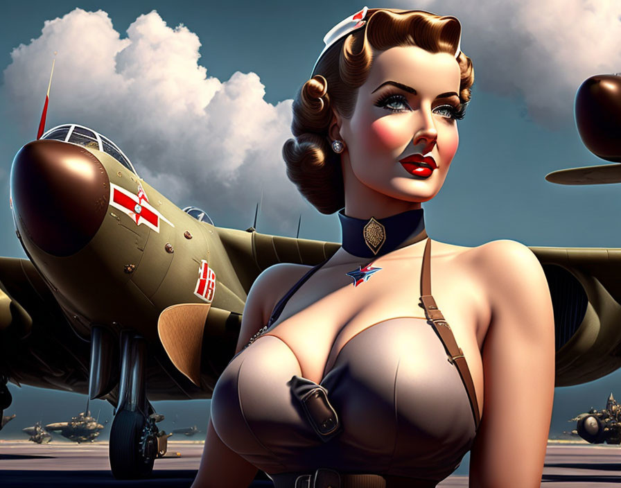 Vintage military-inspired woman in front of classic airplane and cloudy sky