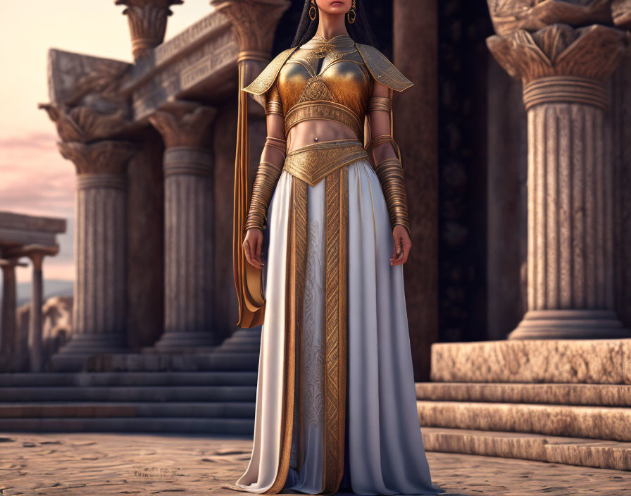 Regal figure in golden armor and white skirt by classical columns