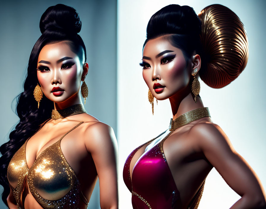 Elaborate Hairstyles and Glamorous Fashion in Stylized Portrait