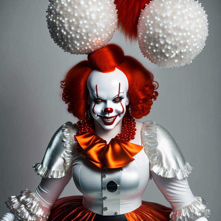 Clown makeup with red hair spheres and silver costume