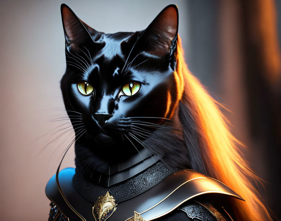 Black Cat in Silver and Blue Knight Armor with Fiery Orange Mane