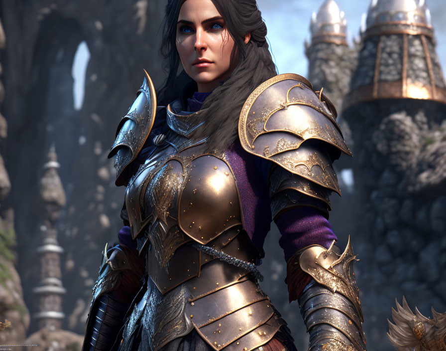 Detailed digital artwork of warrior woman in metallic armor against gothic castle backdrop