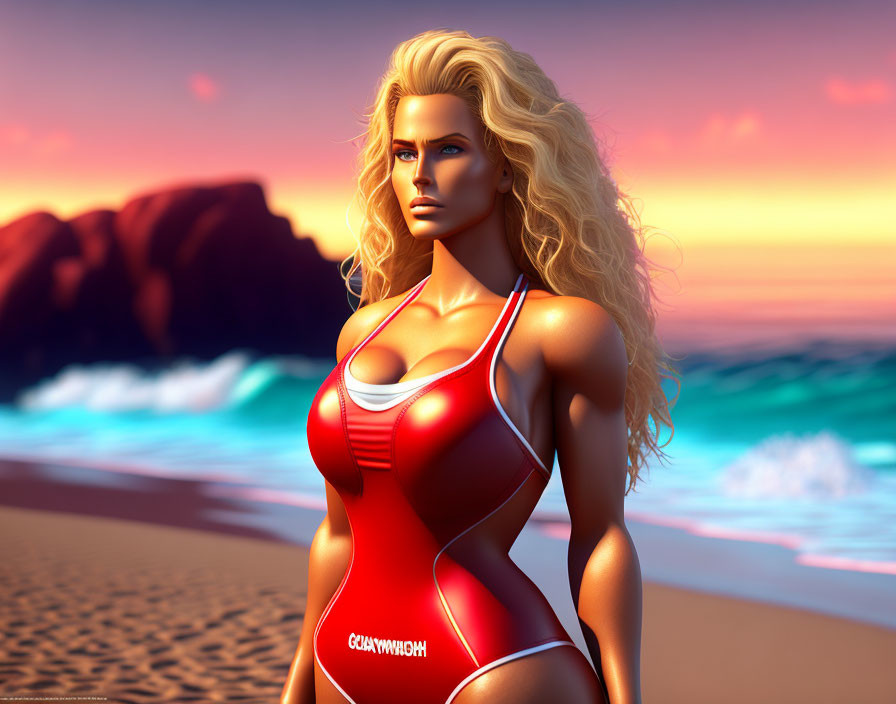 Blonde Woman in Red Swimsuit on Beach at Sunset