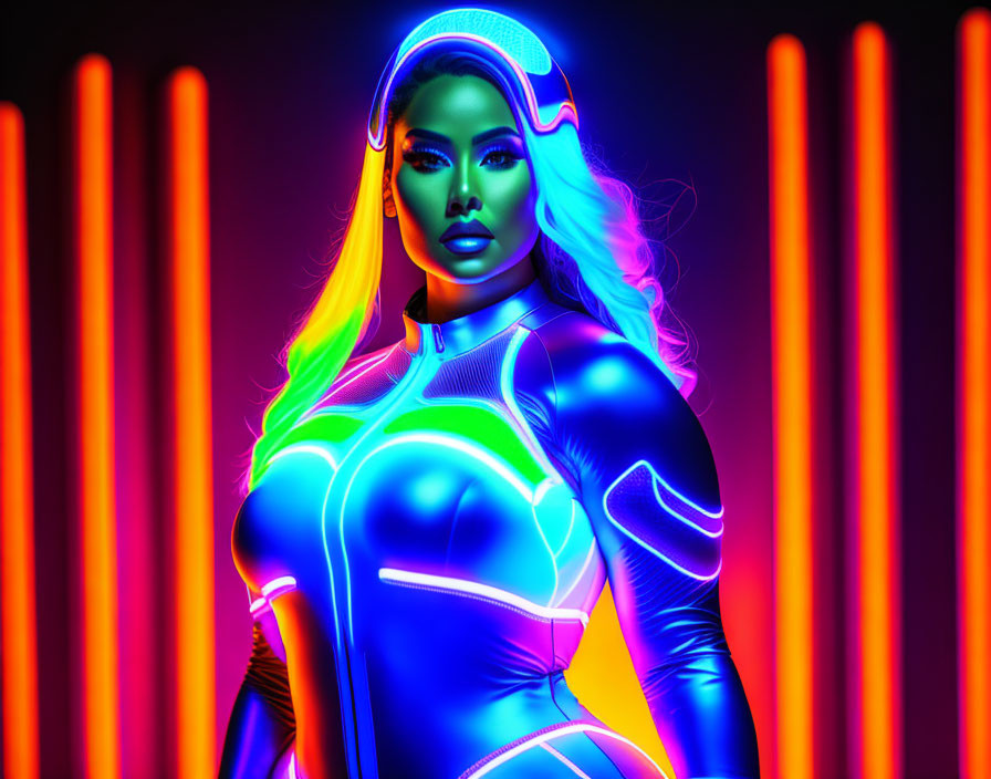 Futuristic woman with glowing neon body contours and vibrant vertical lights