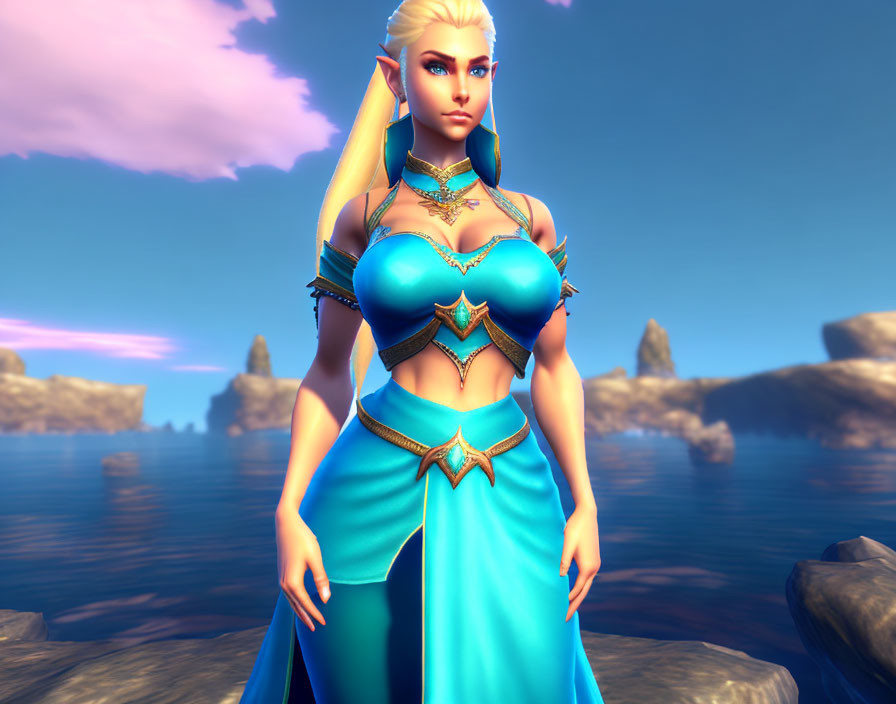 Blonde-haired fantasy character by the sea with cliffs - 3D render