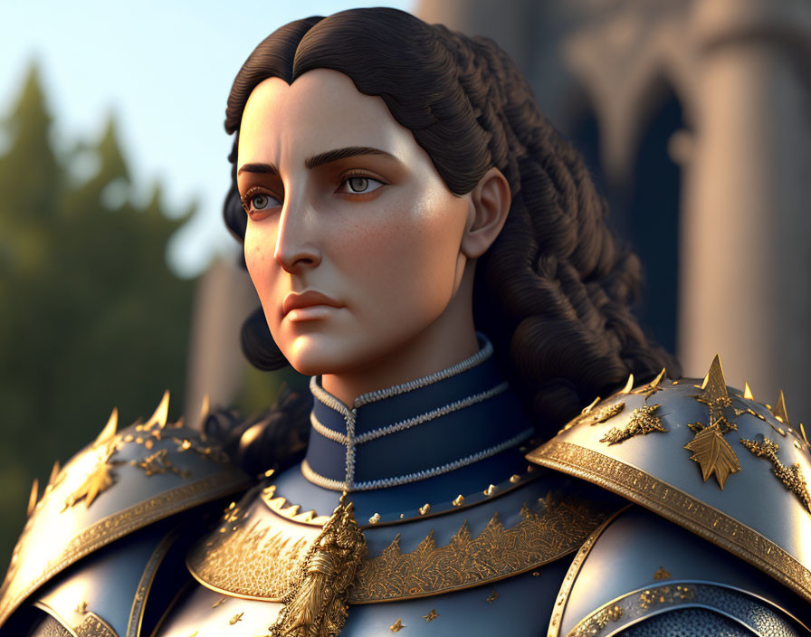 Female character in braided hair & medieval armor with golden leaves - 3D rendering against castle backdrop