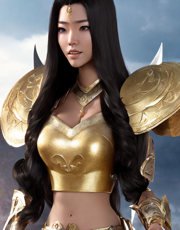 Woman in Golden Fantasy Armor with Long Black Hair