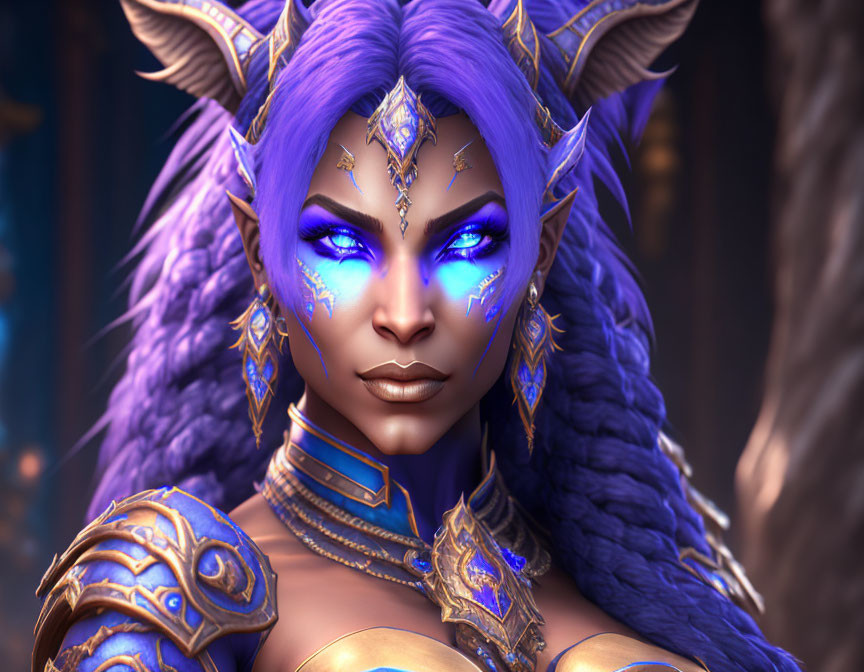 Fantasy character portrait with purple skin, pointed ears, blue eyes, ornate armor, braided