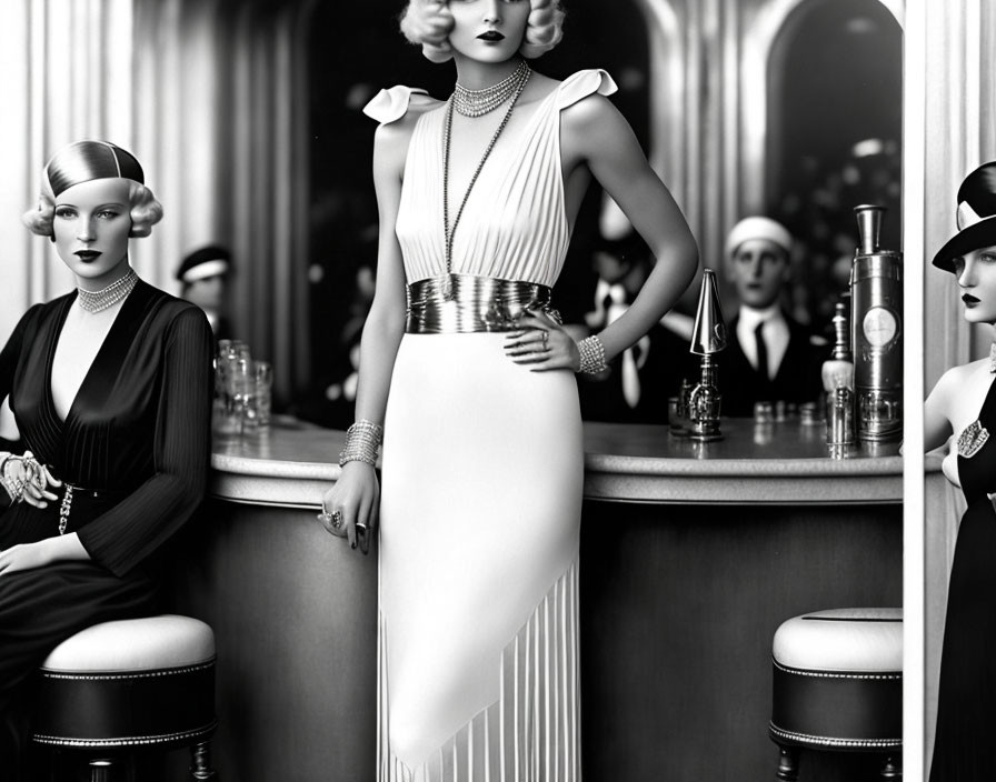 Vintage monochrome photo: women in 1920s fashion at a bar