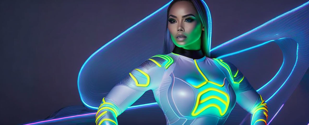 Futuristic woman in neon-trimmed bodysuit with glowing lines.