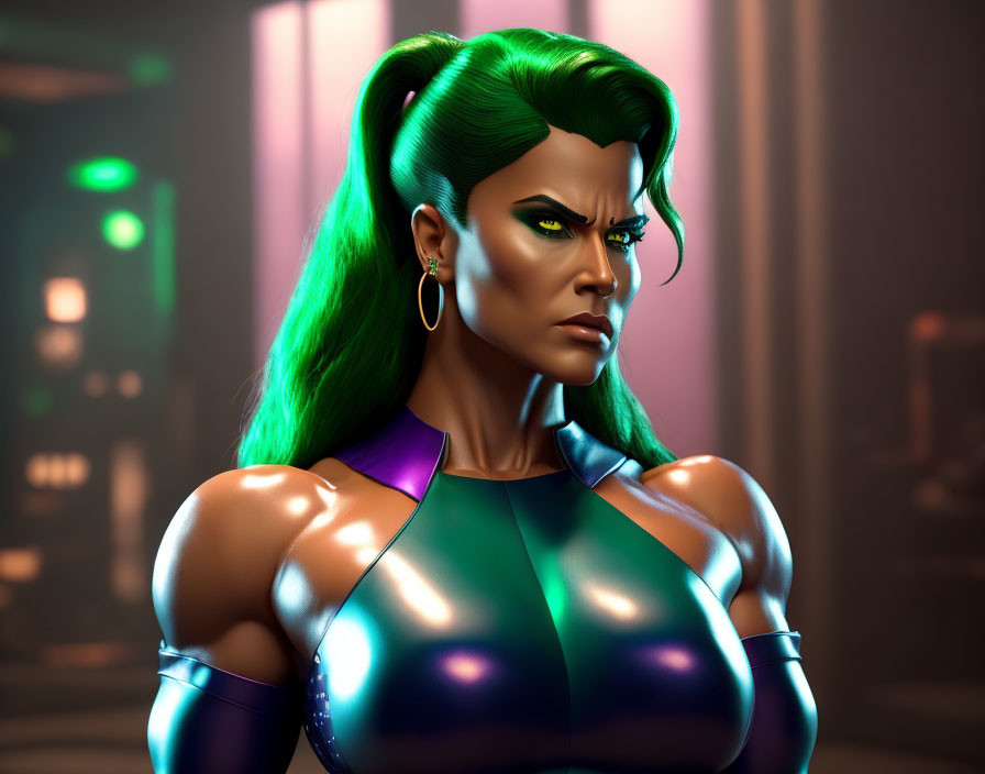 3D illustration of strong female character with green hair in metallic blue suit against futuristic backdrop