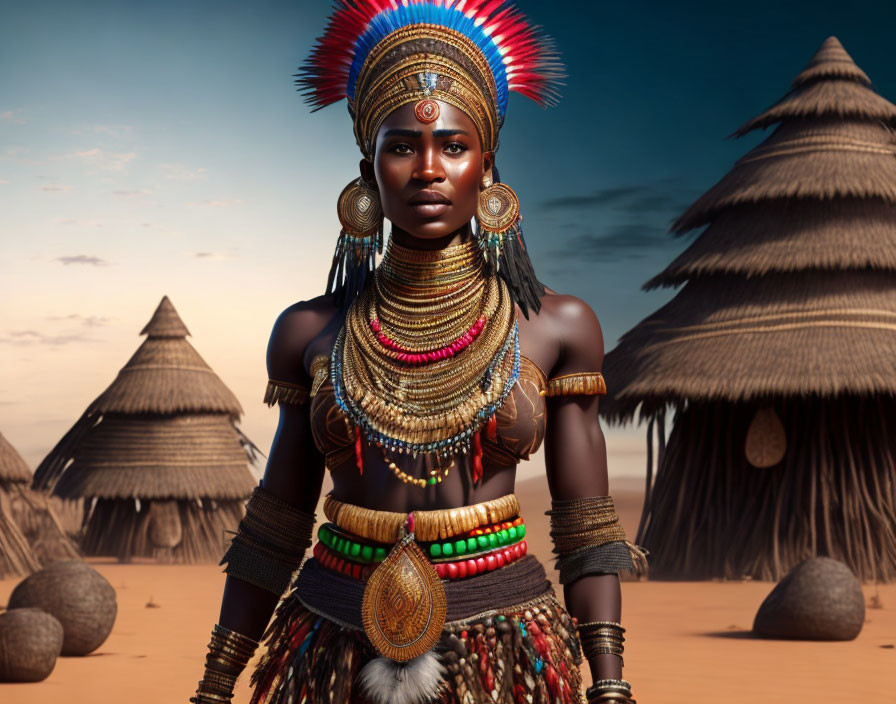 African woman in tribal attire with colorful beads and headdress posing near thatched-roof huts