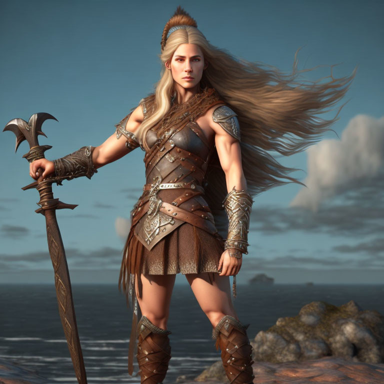 Female warrior in brown leather armor with axe by the sea