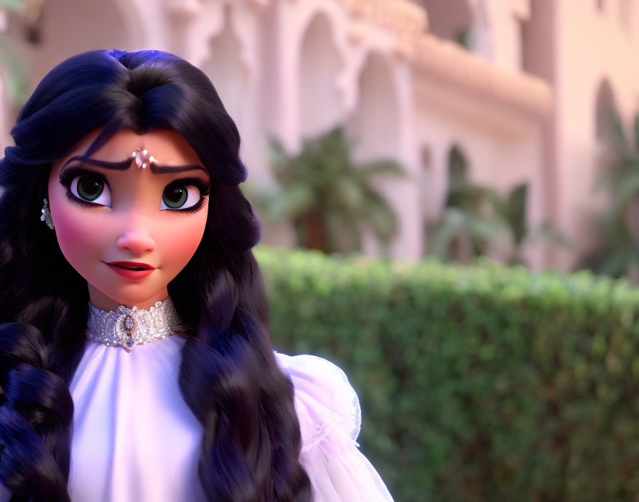 Dark-haired animated princess in tiara against palatial backdrop