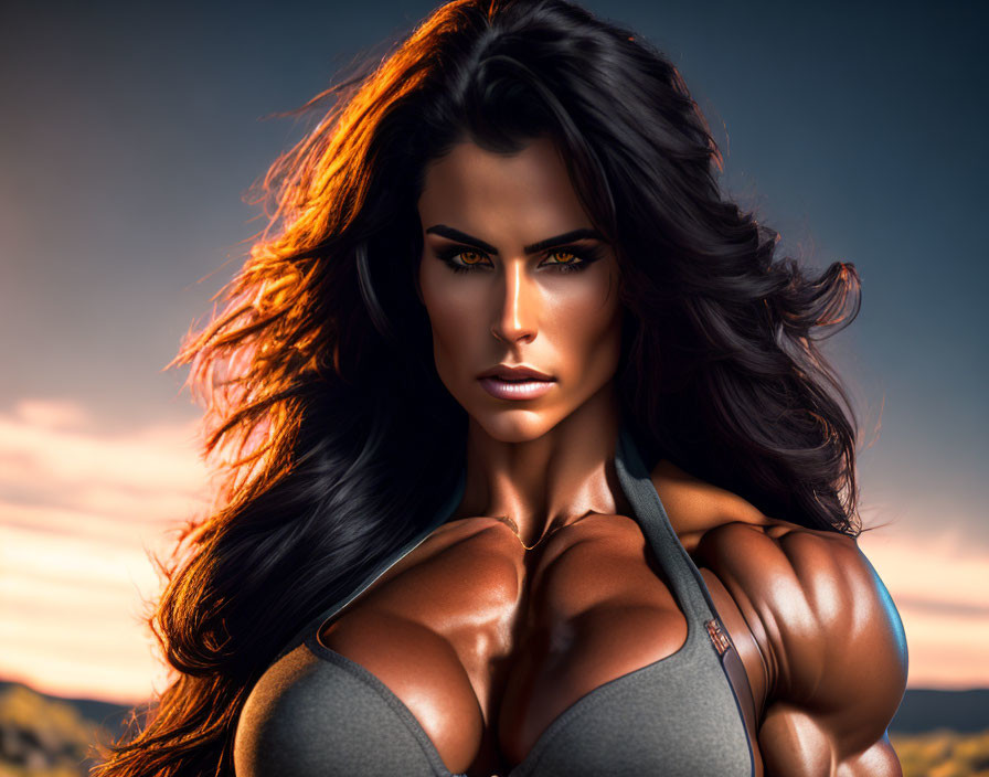 Muscular Woman with Flowing Hair in Sunset Scene