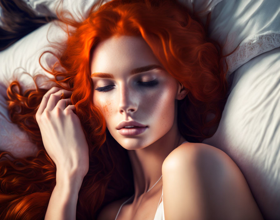 Woman with Vibrant Red Hair and Fair Skin Lying Down in Serene Pose