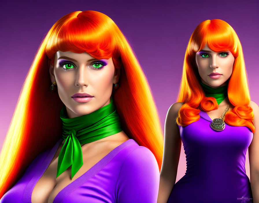 Identical female figures with orange hair and purple outfits on purple backdrop