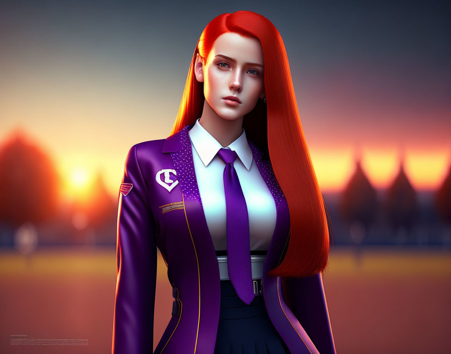 3D portrait of woman with red hair in purple jacket and tie at sunset