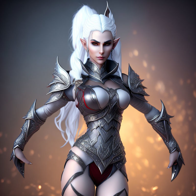 Fantasy elf warrior with white hair and silver armor in 3D illustration