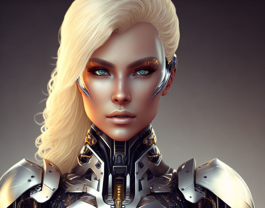 Digital artwork of woman with platinum blonde hair and blue eyes in futuristic armor.