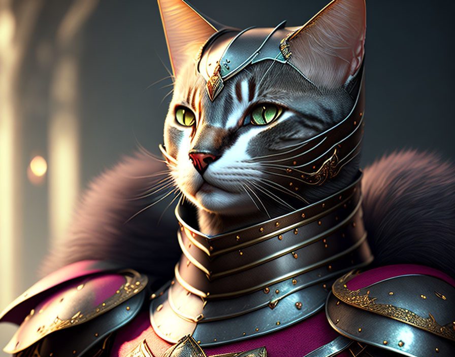 Knight cat in medieval armor with gold details and headpiece on soft-lit backdrop