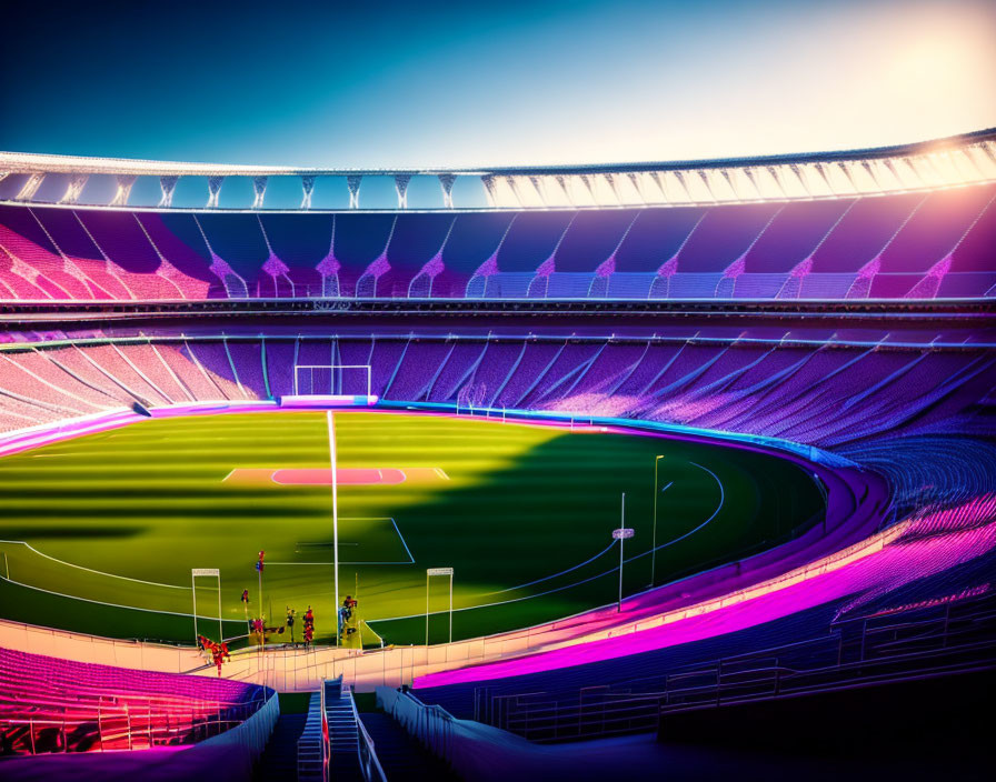 Vibrant pink and purple stadium with green field and people by goalpost