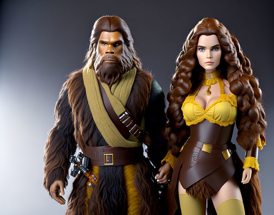 Detailed Wookiee and female warrior figurines in realistic costumes on grey backdrop