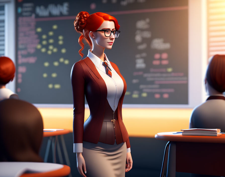 Red-haired woman in glasses and professional attire in classroom setting